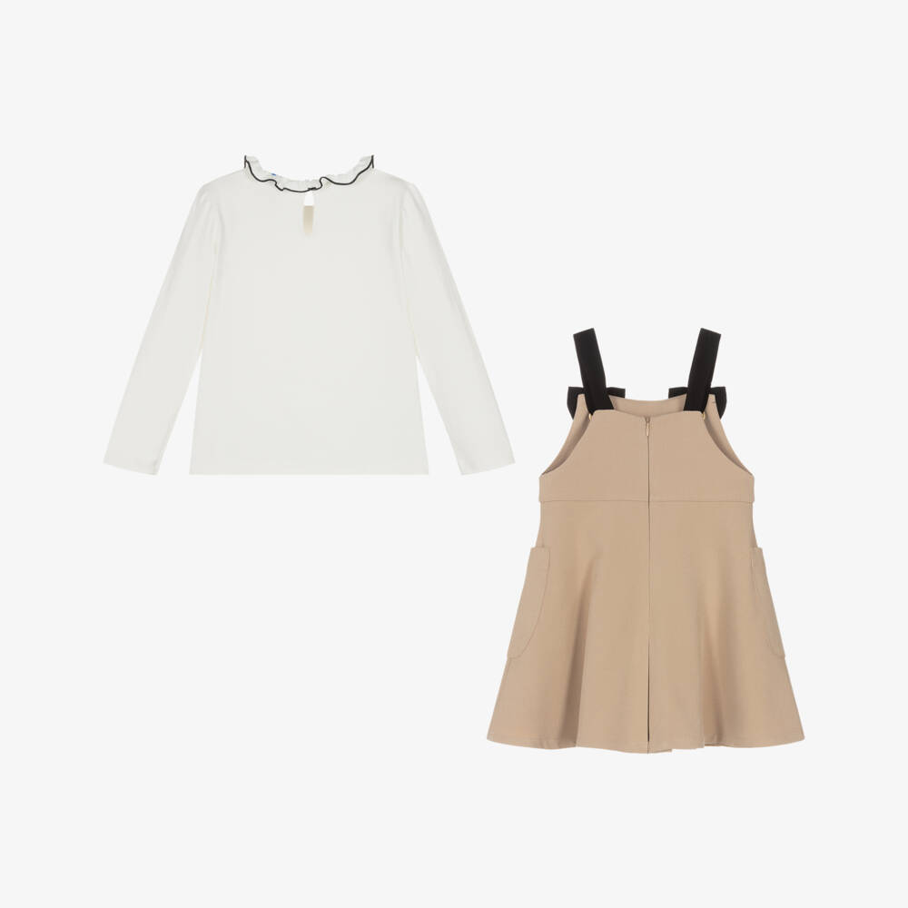 Mayoral-Girls Ivory & Beige Pinafore Dress Set with Bows | Childrensalon Outlet