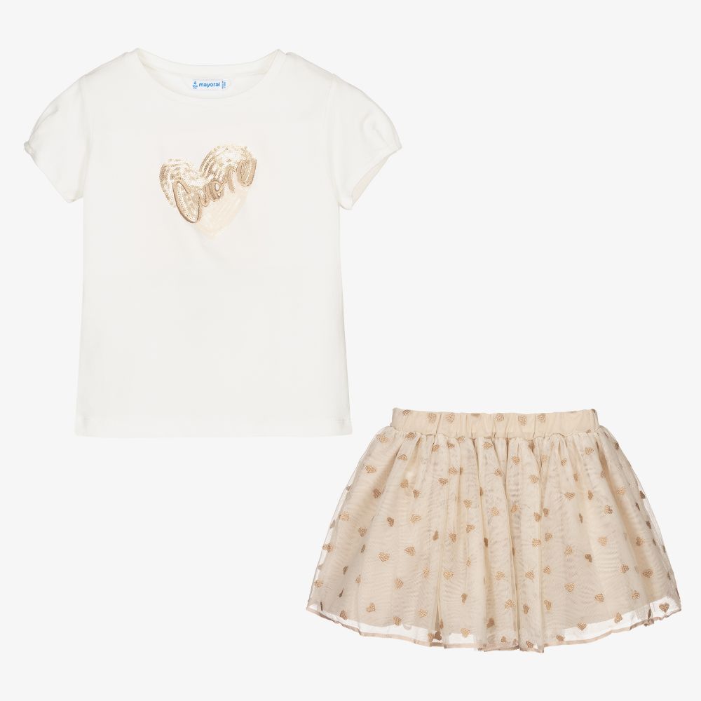 مايورال-طقم تنورة قطن وتول لون بيج وعاجي | Childrensalon Outlet