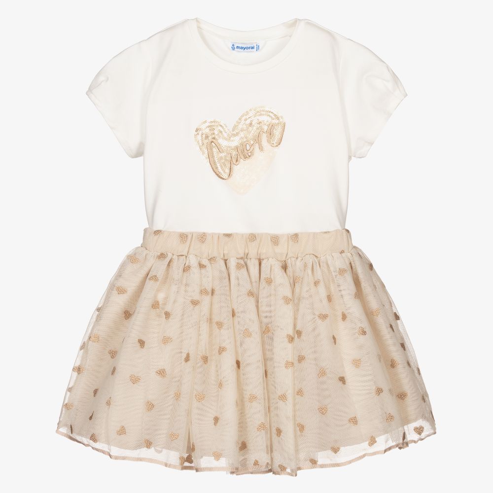 Mayoral-Girls Ivory & Beige Skirt Set | Childrensalon Outlet