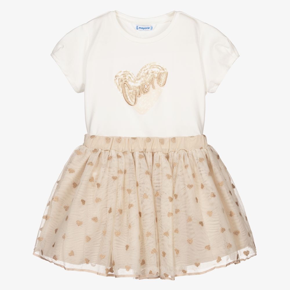 Mayoral - Girls Ivory & Beige Skirt Set | Childrensalon