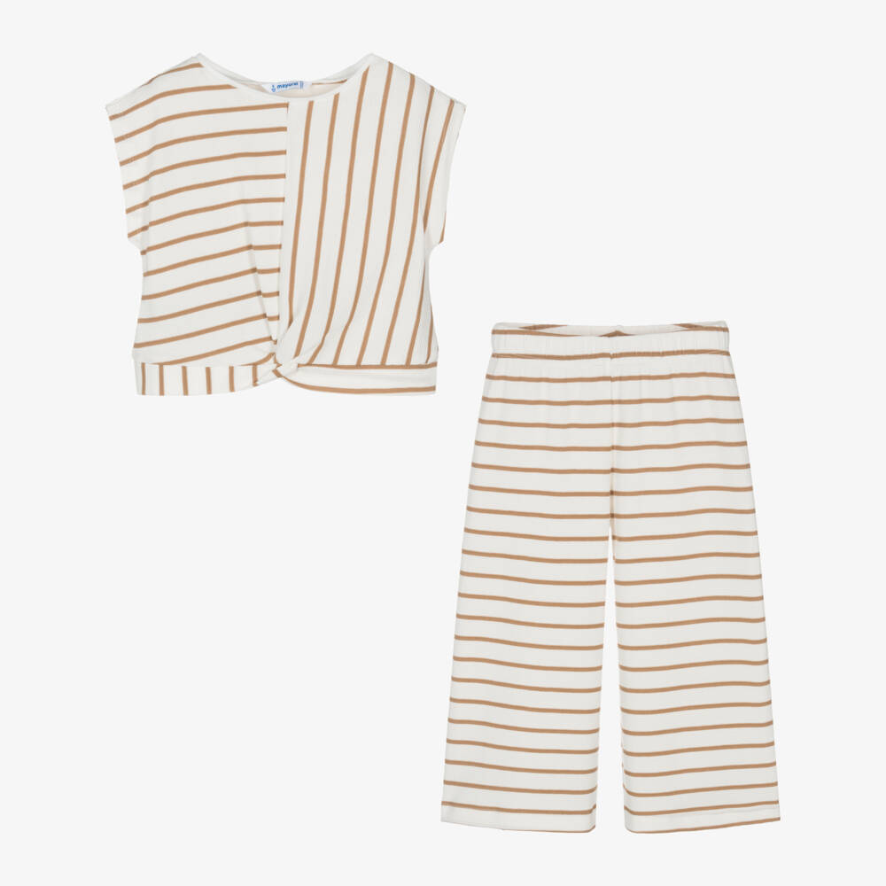 Mayoral-Кремовый и бежевый полосатый ансамбль для девочек | Childrensalon Outlet