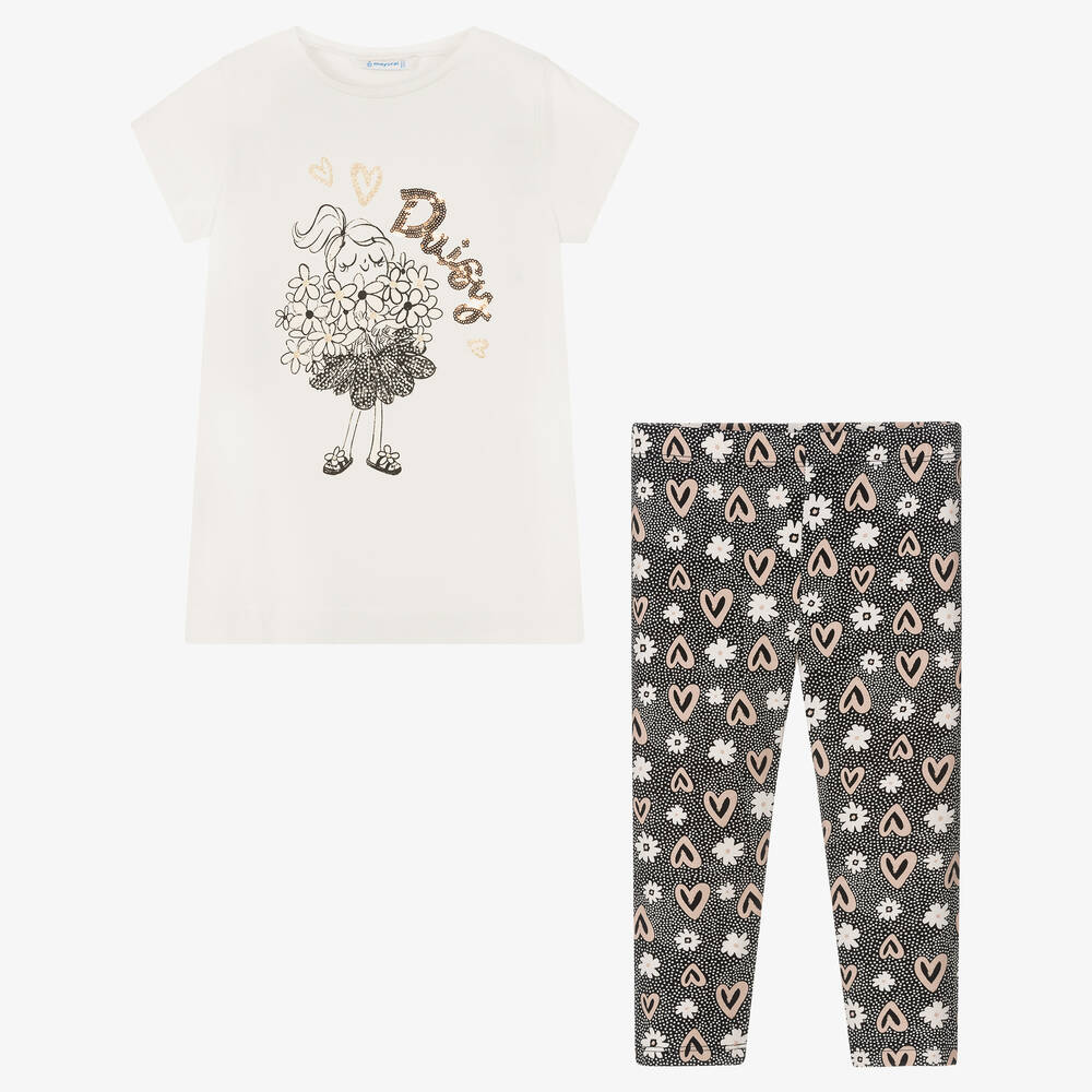 Mayoral-Кремовый топ и черные легинсы из хлопка | Childrensalon Outlet