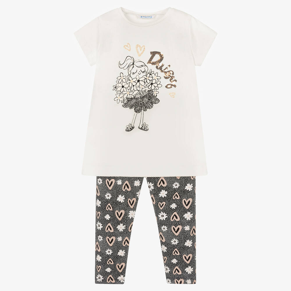 Mayoral - Girls Ivory & Black Cotton Leggings Set | Childrensalon