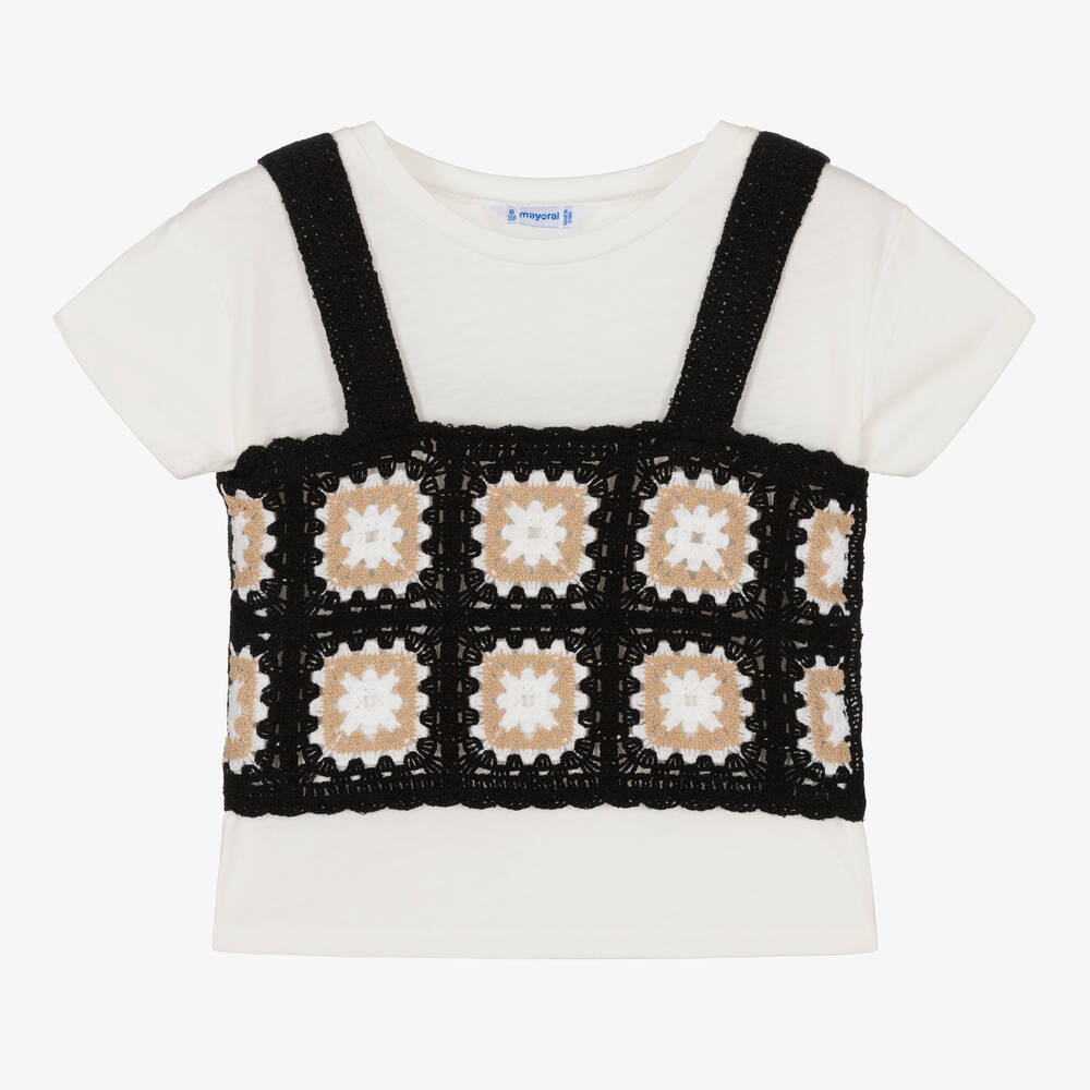 Mayoral - Girls Ivory & Black Crochet Top Set | Childrensalon