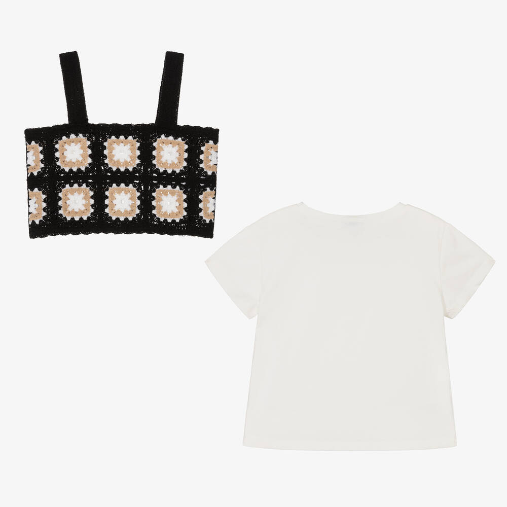 Mayoral-Черный вязаный крючком топ и кремовая футболка | Childrensalon Outlet