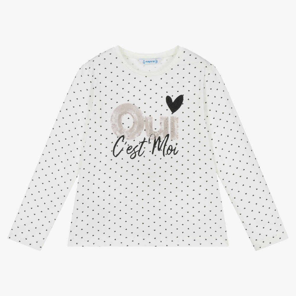 Mayoral - Girls Ivory & Black Heart Cotton Top | Childrensalon