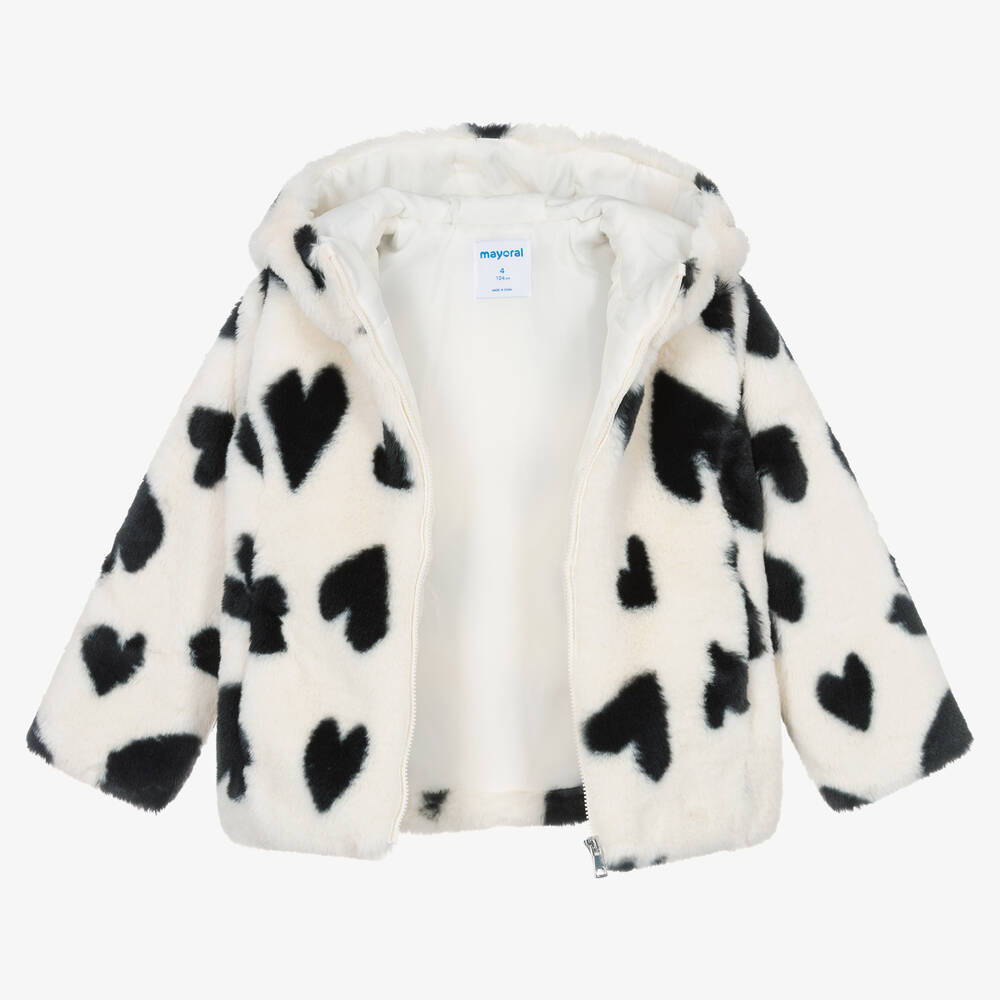 Mayoral-Girls Ivory & Black Heart Faux Fur Jacket | Childrensalon Outlet