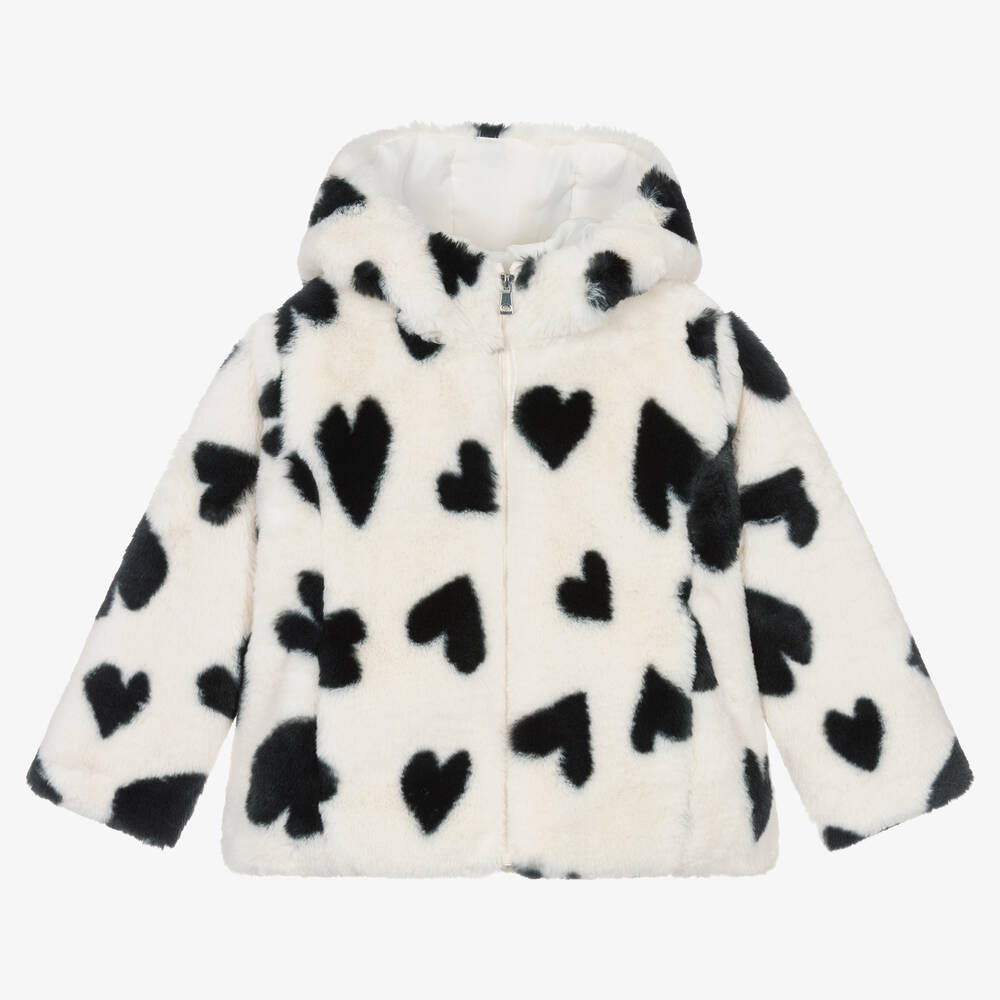 Mayoral - Girls Ivory & Black Heart Faux Fur Jacket | Childrensalon