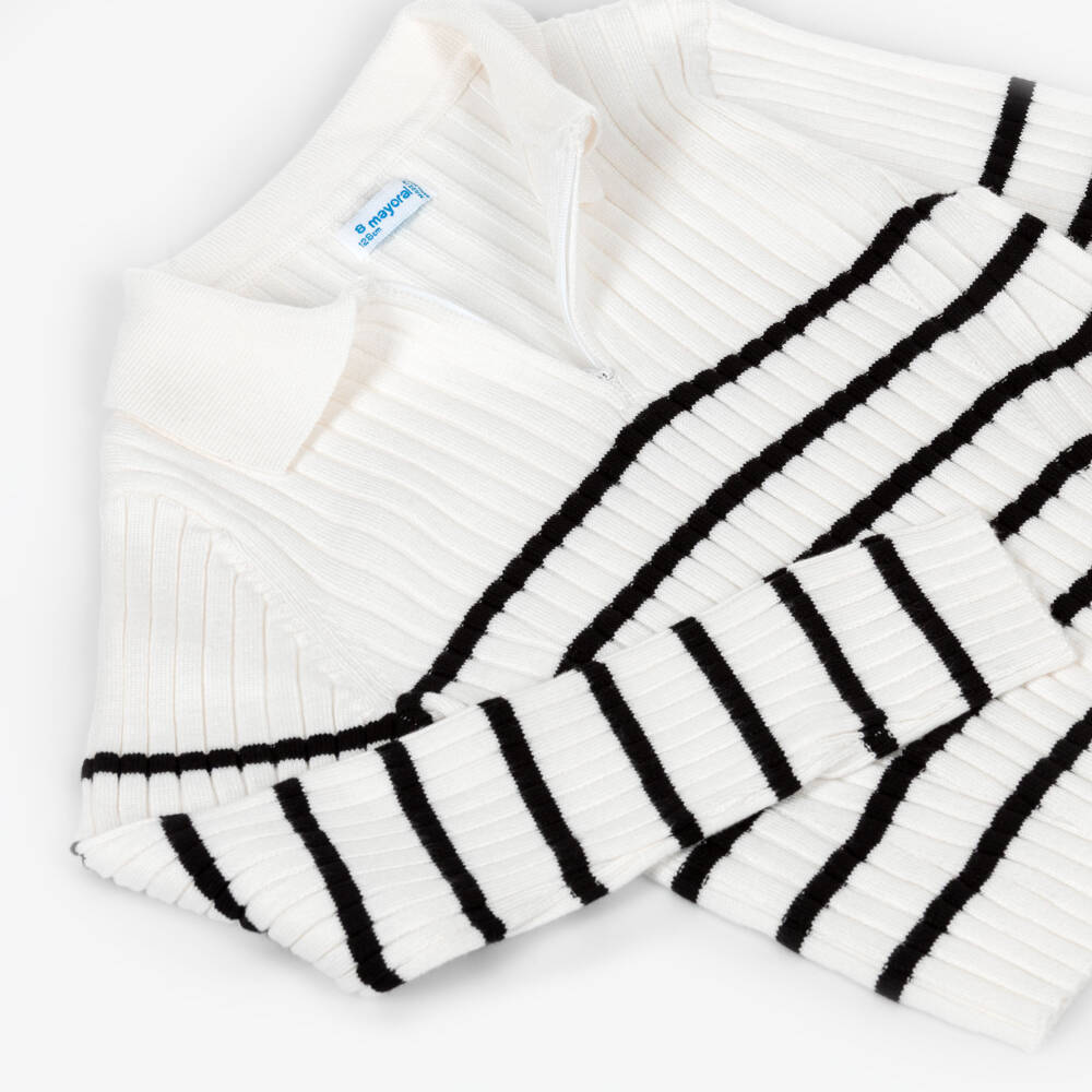 Mayoral-Girls Ivory & Black Stripe Jumper with Zipped Neck | Childrensalon Outlet
