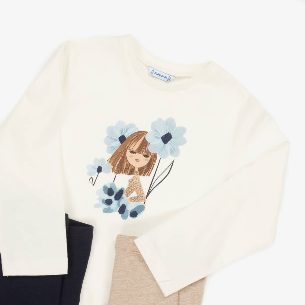 Mayoral-Girls Ivory & Blue Cotton Girl Print Leggings Set | Childrensalon Outlet
