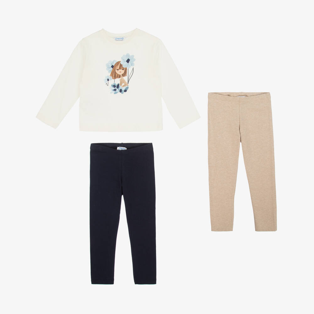 Mayoral-Girls Ivory & Blue Cotton Girl Print Leggings Set | Childrensalon Outlet