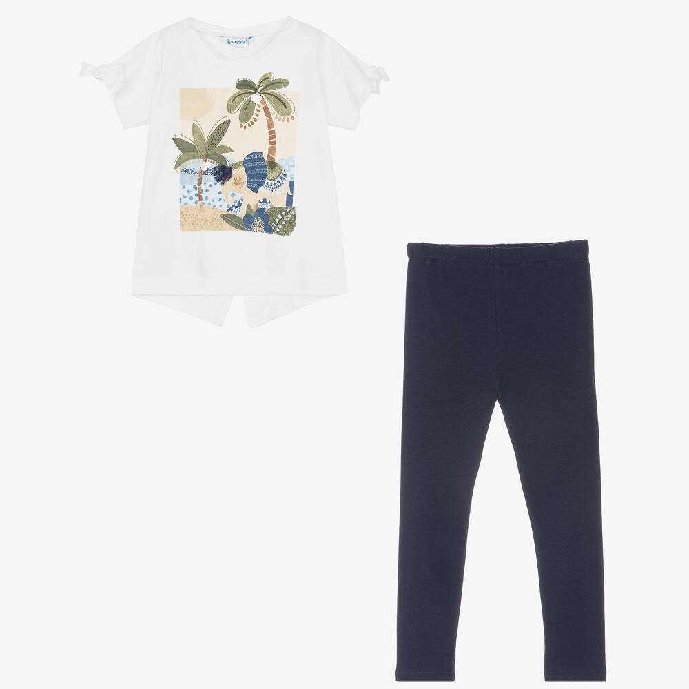 Mayoral-Кремовая футболка и синие легинсы из хлопка | Childrensalon Outlet