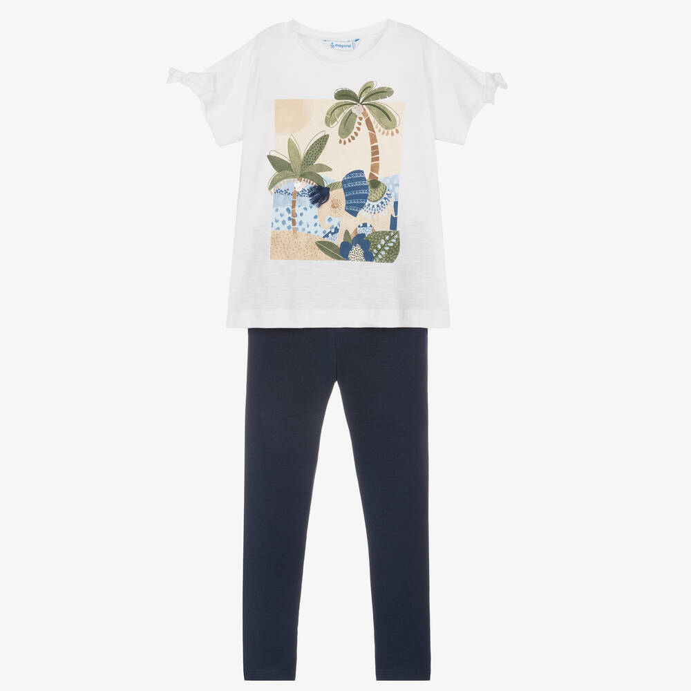Mayoral-Girls Ivory & Blue Cotton Leggings Set | Childrensalon Outlet