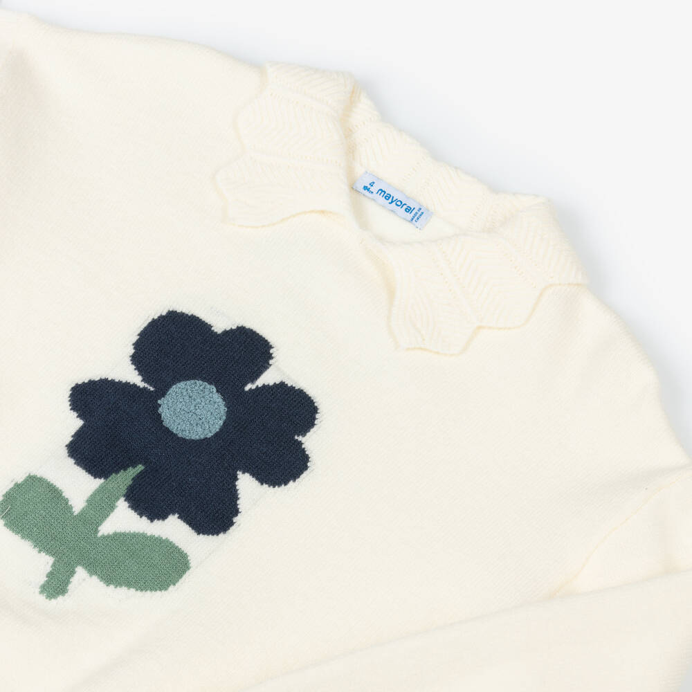 Mayoral-Girls Ivory & Blue Knitted Skirt Set with Floral Motif | Childrensalon Outlet