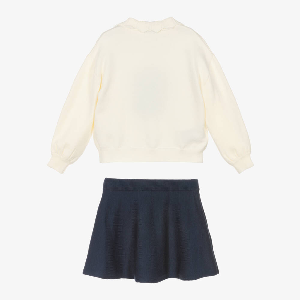 Mayoral-Girls Ivory & Blue Knitted Skirt Set with Floral Motif | Childrensalon Outlet