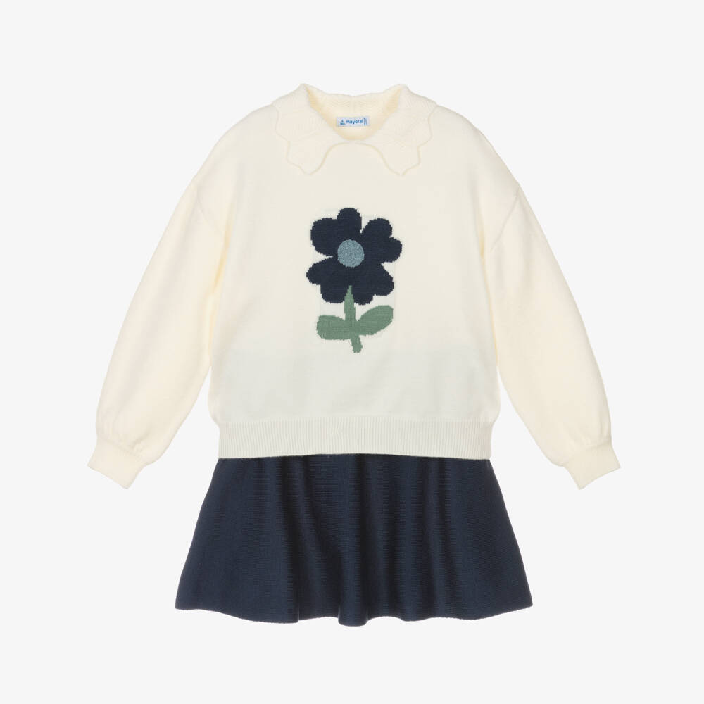 Mayoral-Girls Ivory & Blue Knitted Skirt Set with Floral Motif | Childrensalon Outlet