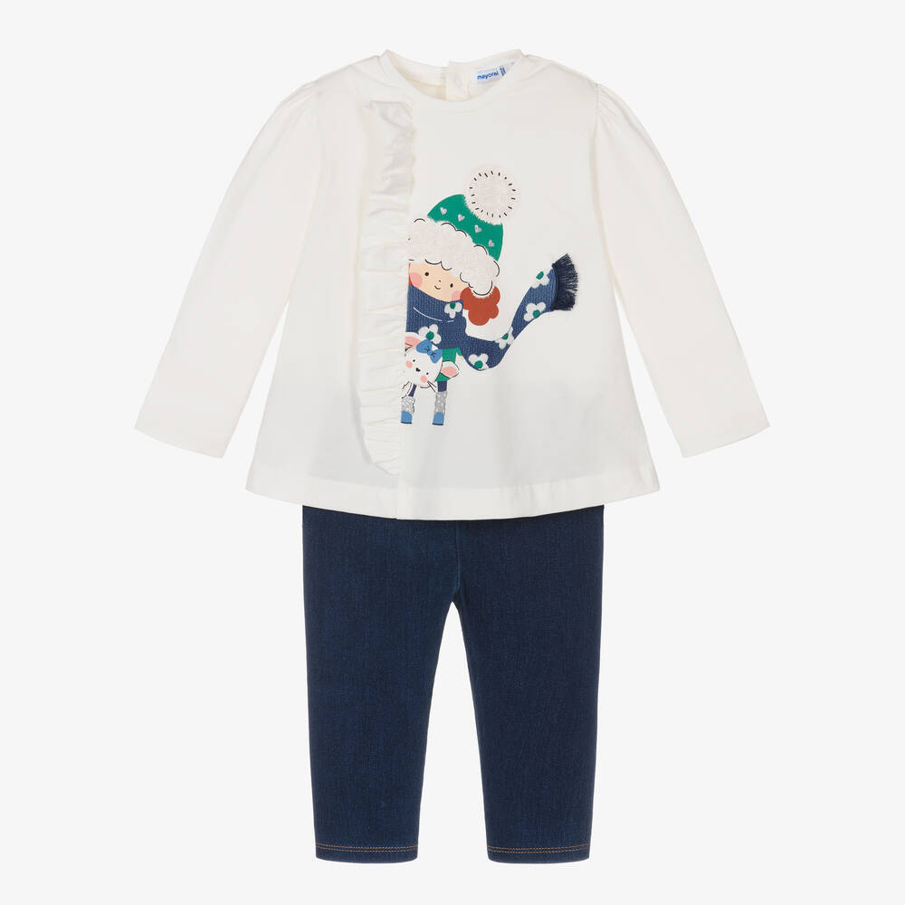 Mayoral - Girls Ivory & Blue Leggings Set | Childrensalon