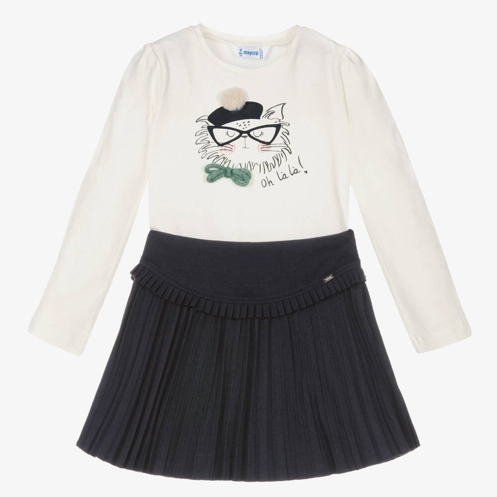 Mayoral - Girls Ivory & Blue Skirt Set | Childrensalon