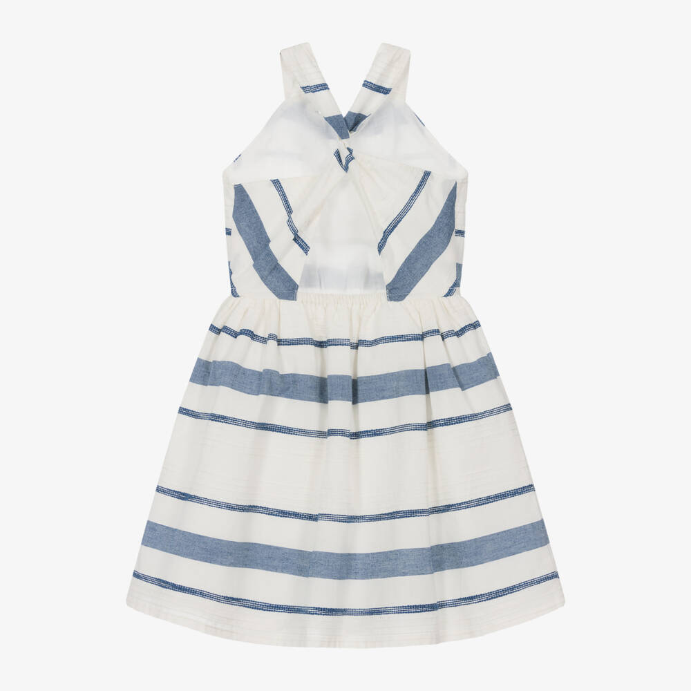 Mayoral-Girls Ivory & Blue Striped Linen Dress | Childrensalon Outlet