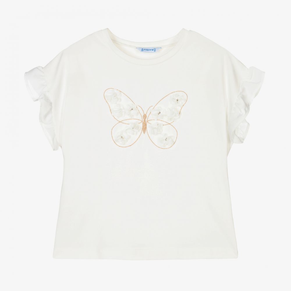 Mayoral - Кремовая футболка с бабочкой для девочек | Childrensalon