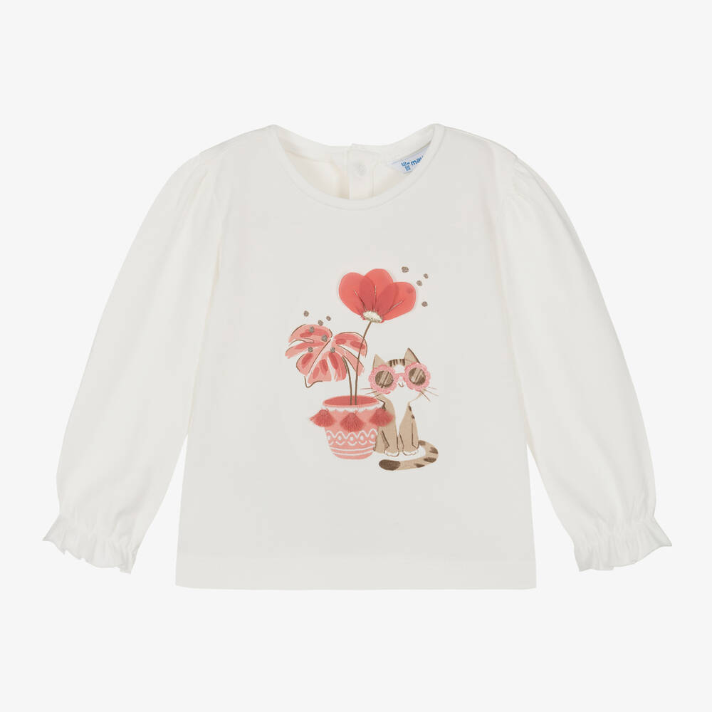 Mayoral-Girls Ivory Cat Print Cotton Jersey Top | Childrensalon Outlet