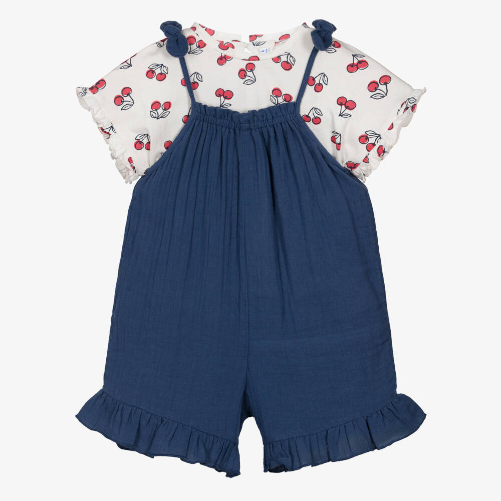 Mayoral-Girls Ivory Cherry Top & Navy Blue Overalls | Childrensalon Outlet