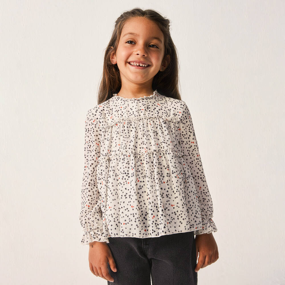 Mayoral-Girls Ivory Chiffon Heart Print Blouse | Childrensalon Outlet