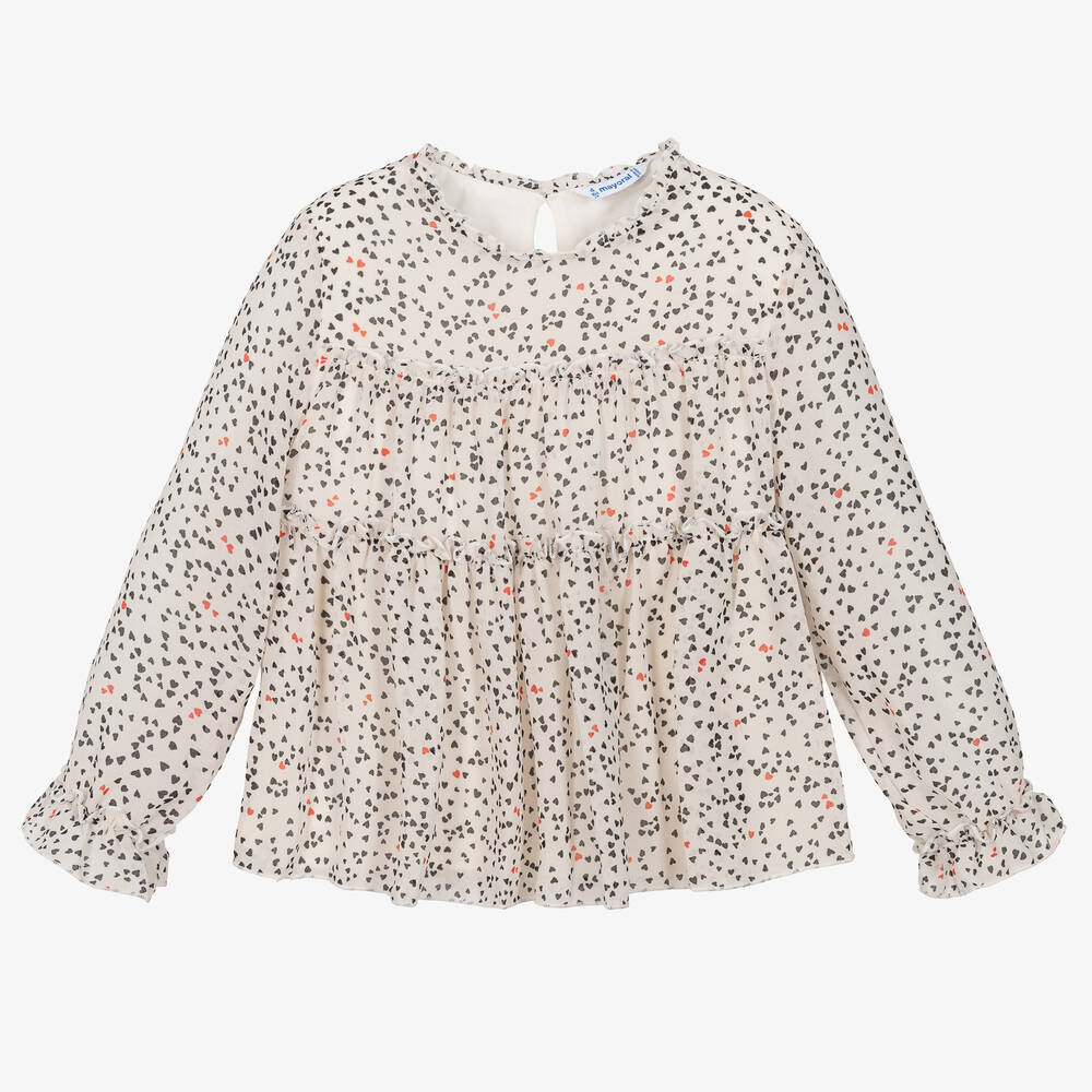 Mayoral-Кремовая шифоновая блузка с сердечками | Childrensalon Outlet