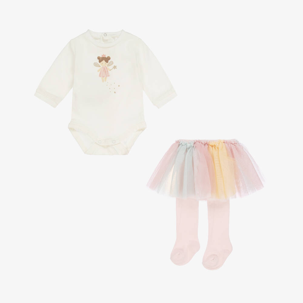 Mayoral Newborn-Girls Ivory Cotton Babysuit & Rainbow Tulle Skirt Set | Childrensalon Outlet