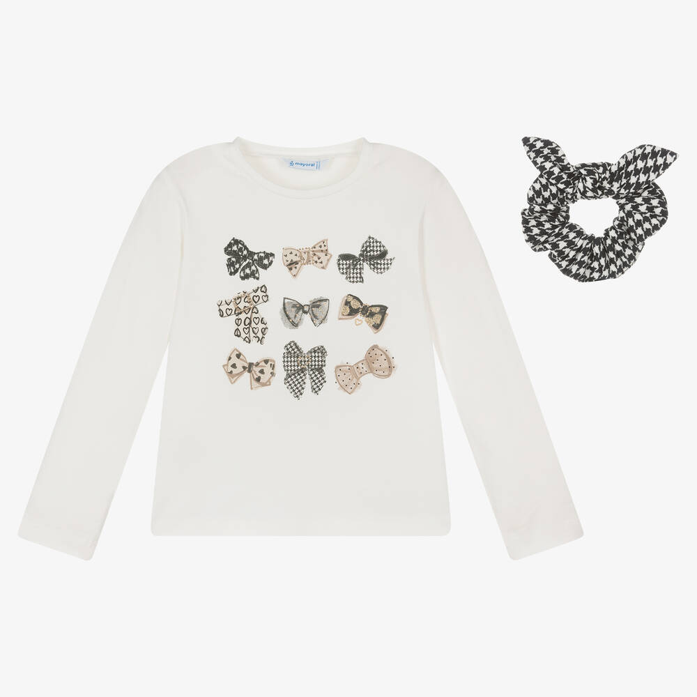 Mayoral - Girls Ivory Cotton Bow Top & Scrunchie | Childrensalon