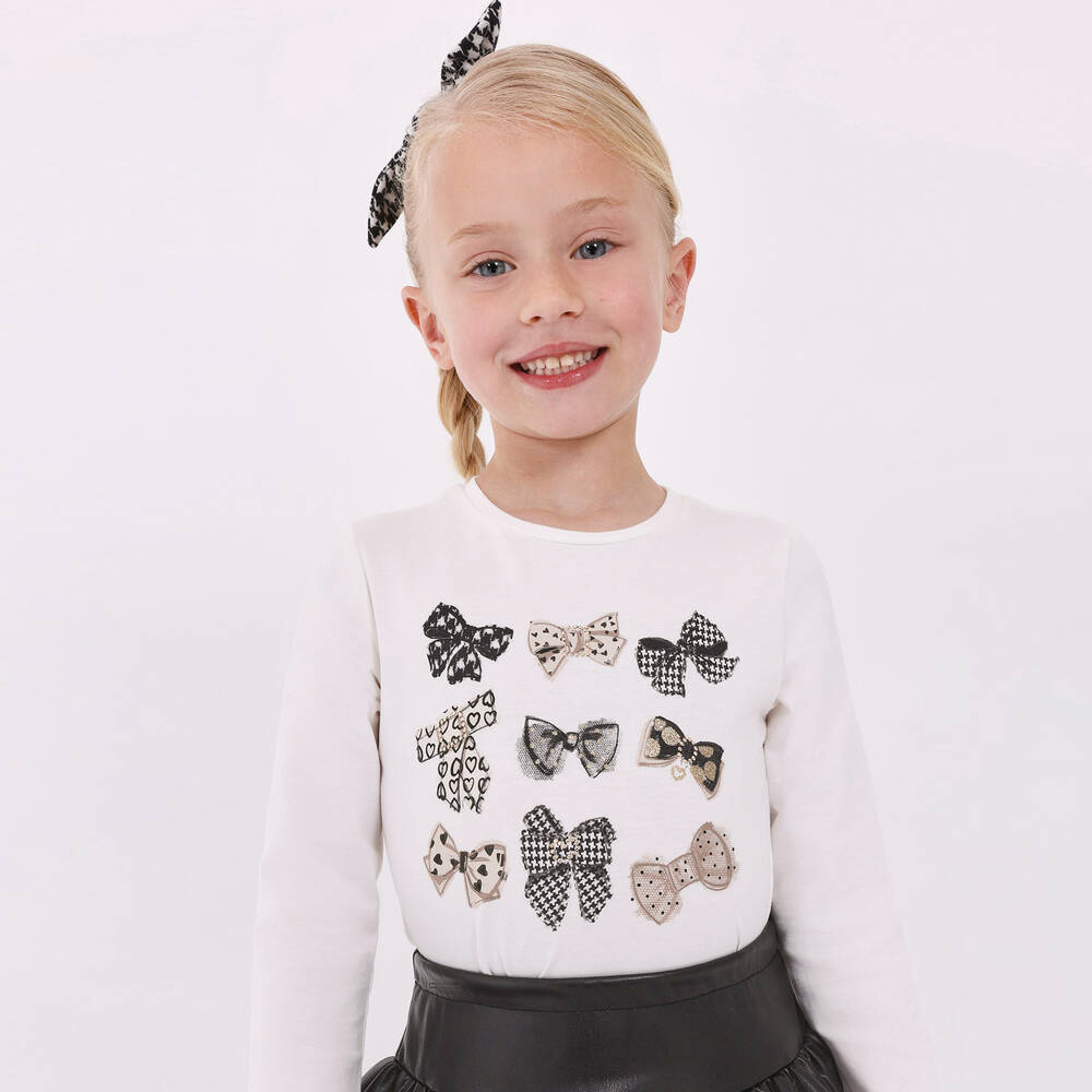 Mayoral-Кремовый хлопковый топ с бантиками и резинка для волос | Childrensalon Outlet