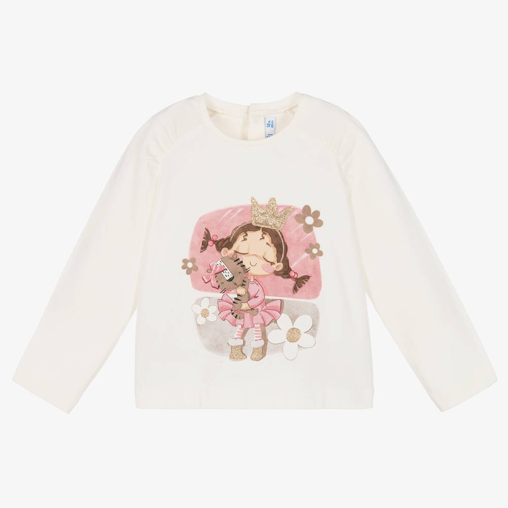 Mayoral - Girls Ivory Cotton Cat Print Top | Childrensalon