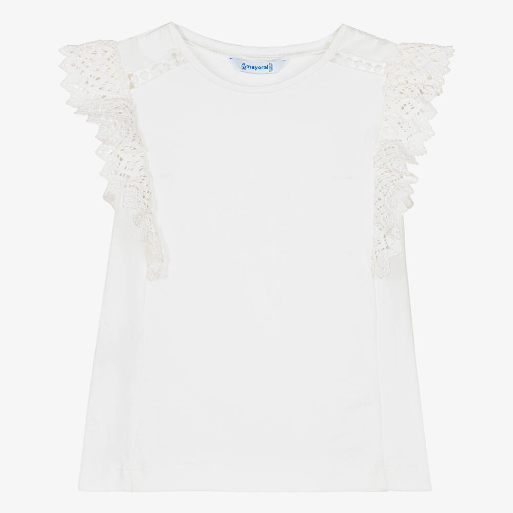 Mayoral-Girls Ivory Cotton Crochet T-Shirt | Childrensalon Outlet