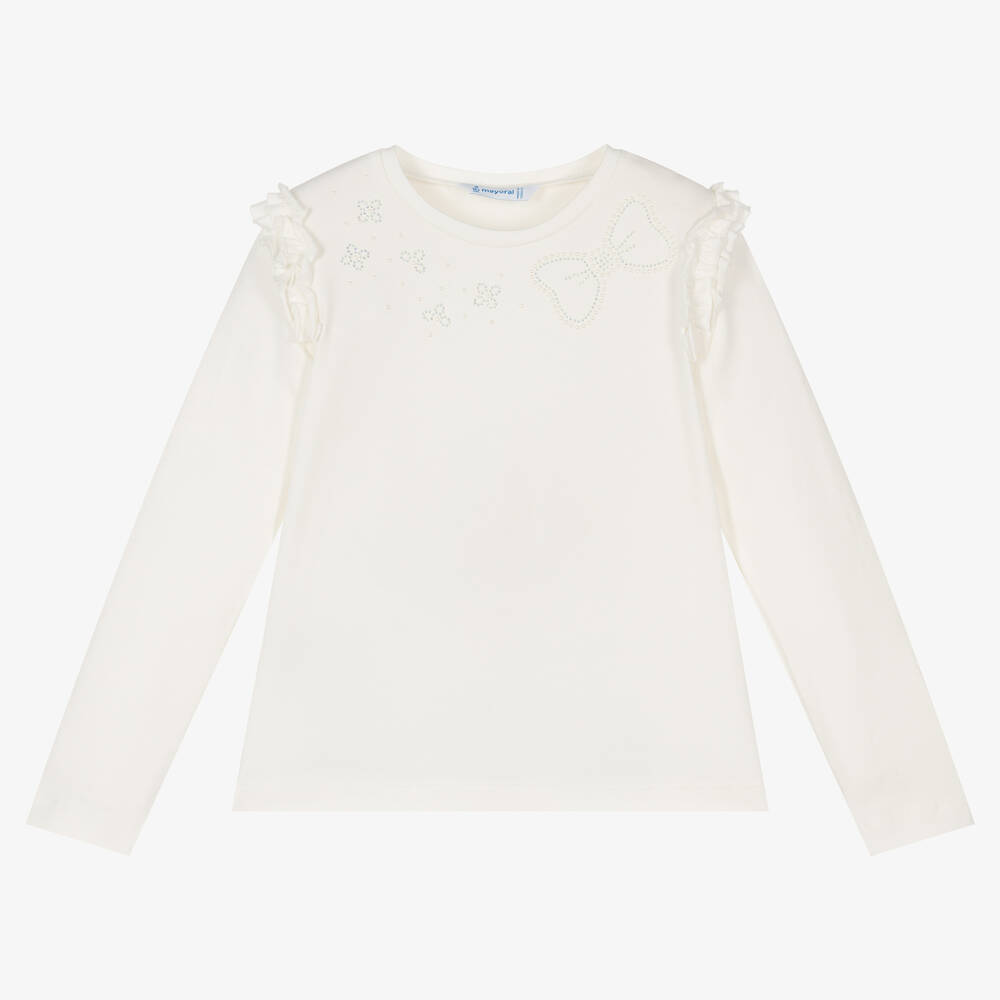 Mayoral - Girls Ivory Cotton Diamanté Top | Childrensalon