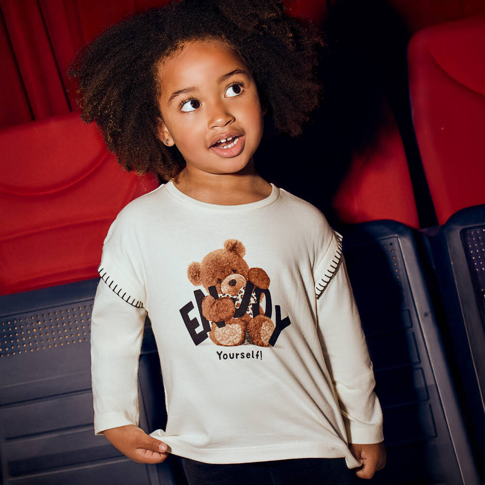 Mayoral-Girls Ivory Cotton Enjoy Yourself Teddy Bear Top | Childrensalon Outlet