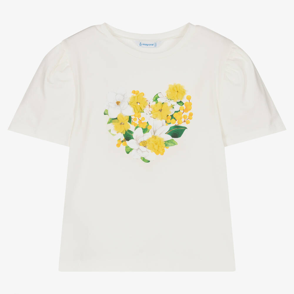Mayoral - Girls Ivory Cotton Floral Heart T-Shirt | Childrensalon