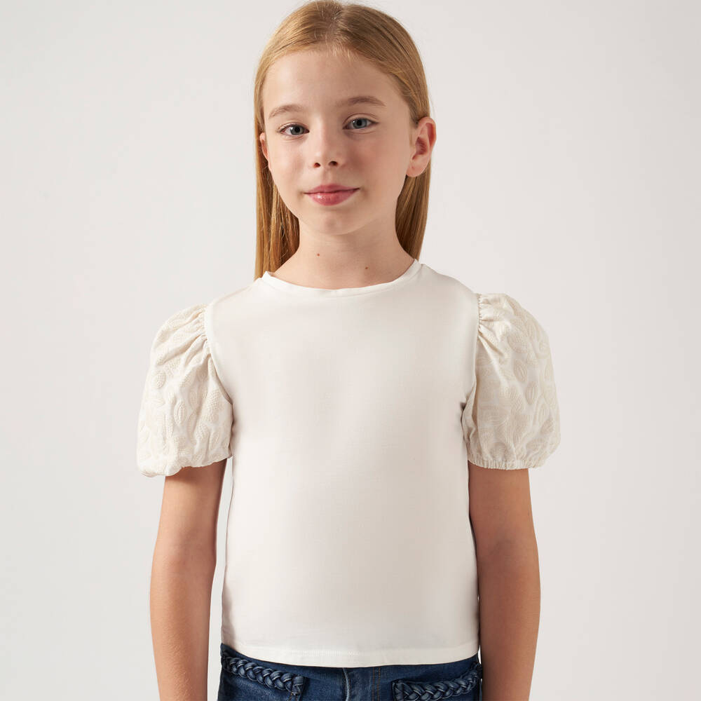 مايورال-تيشيرت قطن جيرسي لون عاجي بطبعة ورود للبنات | Childrensalon Outlet