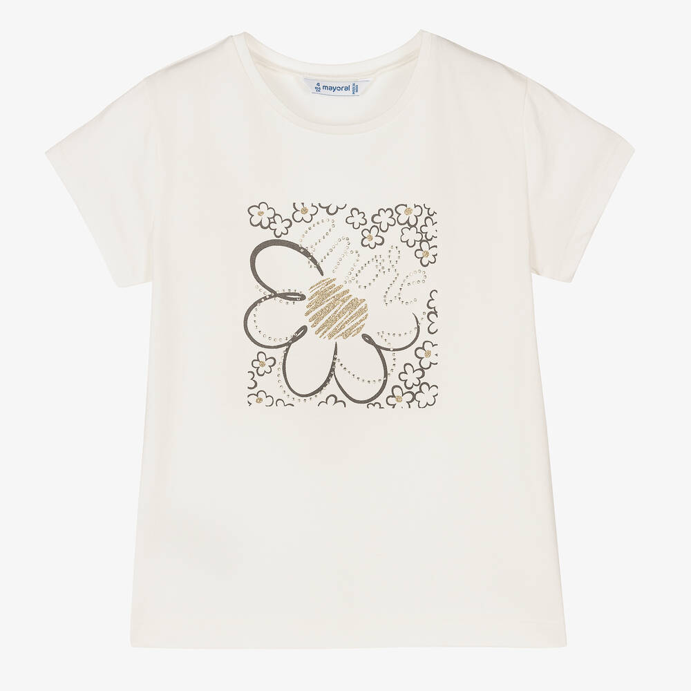 Mayoral - Girls Ivory Cotton Flowers T-Shirt | Childrensalon