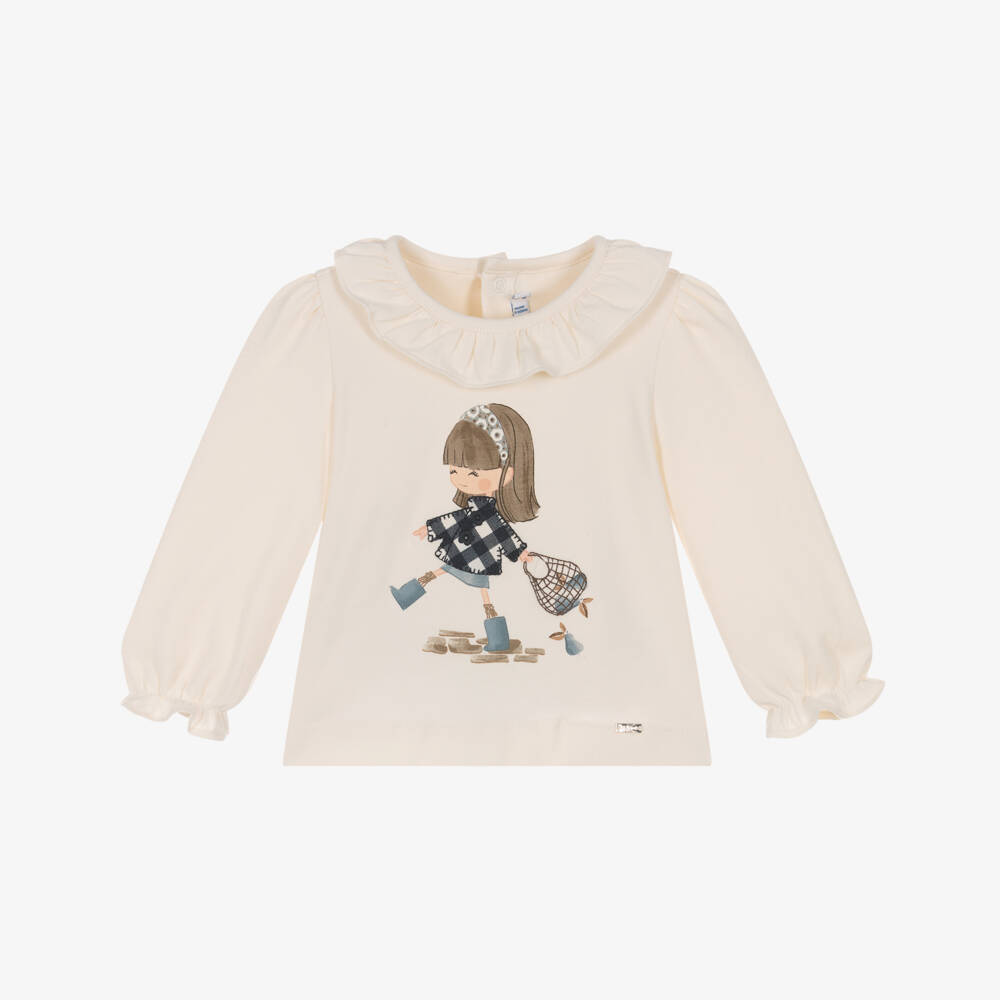 Mayoral-Girls Ivory Cotton Girl Print Long-Sleeved Top | Childrensalon Outlet