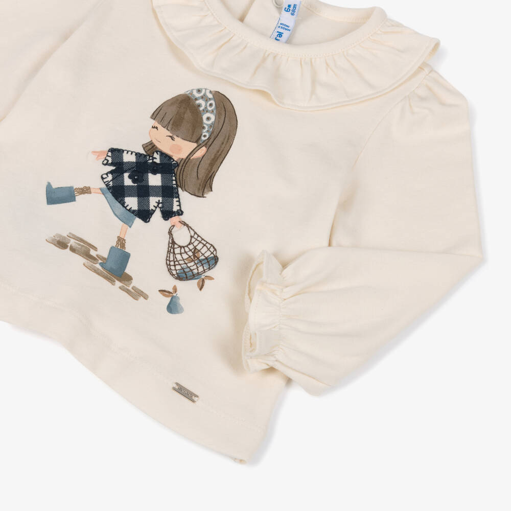 Mayoral-Girls Ivory Cotton Girl Print Long-Sleeved Top | Childrensalon Outlet