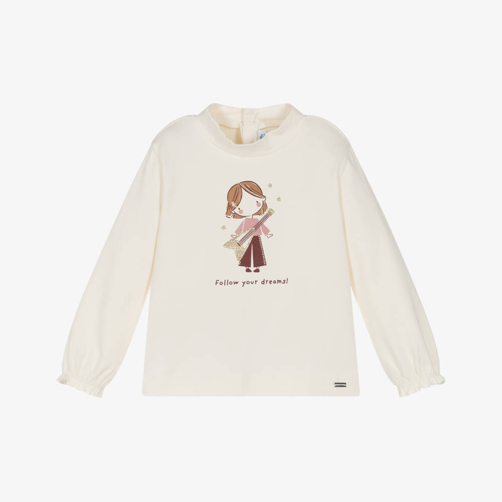 Mayoral-Girls Ivory Cotton Glittery Graphic Print Top | Childrensalon Outlet