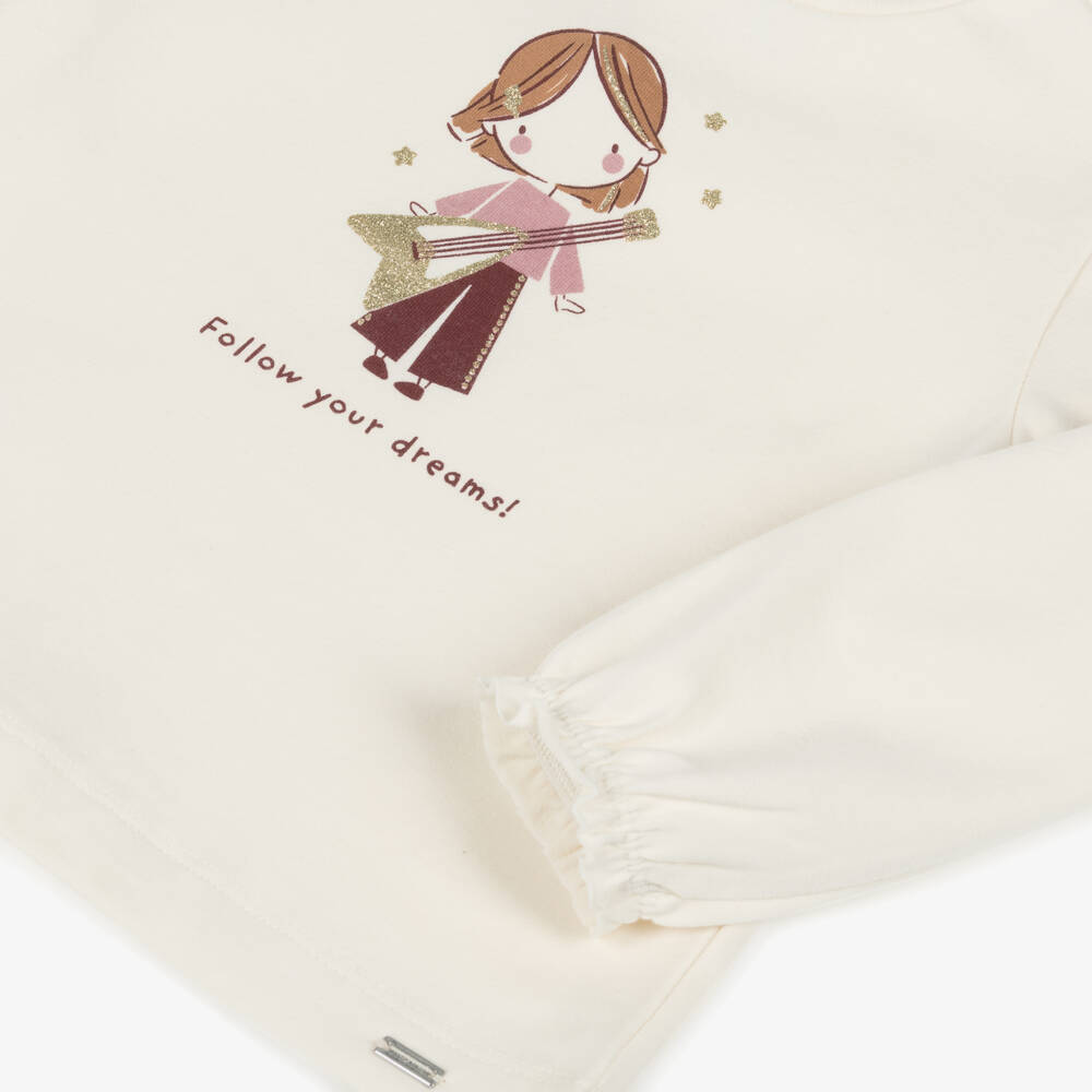 Mayoral-Girls Ivory Cotton Glittery Graphic Print Top | Childrensalon Outlet