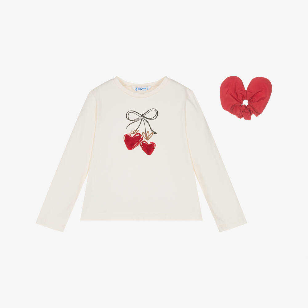 Mayoral-Girls Ivory Cotton Heart Top with Hair Scrunchie | Childrensalon Outlet