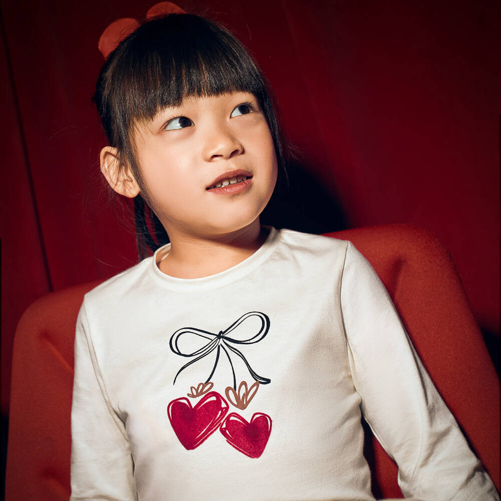 Mayoral-Girls Ivory Cotton Heart Top with Hair Scrunchie | Childrensalon Outlet