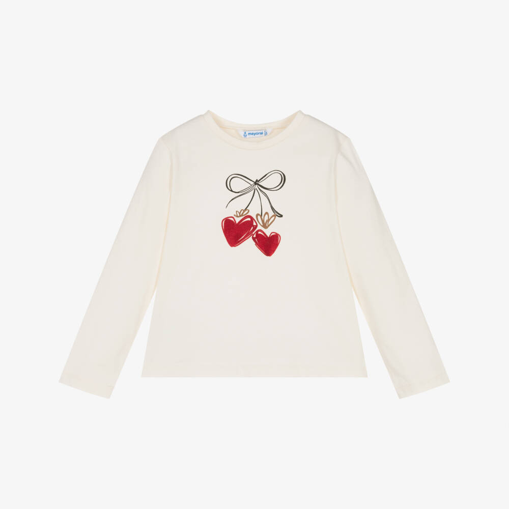 Mayoral-Girls Ivory Cotton Heart Top with Hair Scrunchie | Childrensalon Outlet