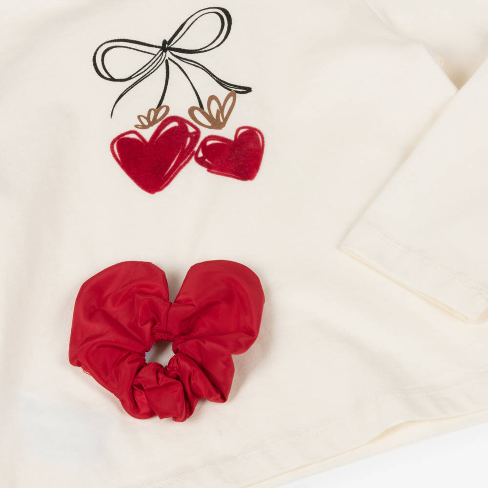 Mayoral-Girls Ivory Cotton Heart Top with Hair Scrunchie | Childrensalon Outlet