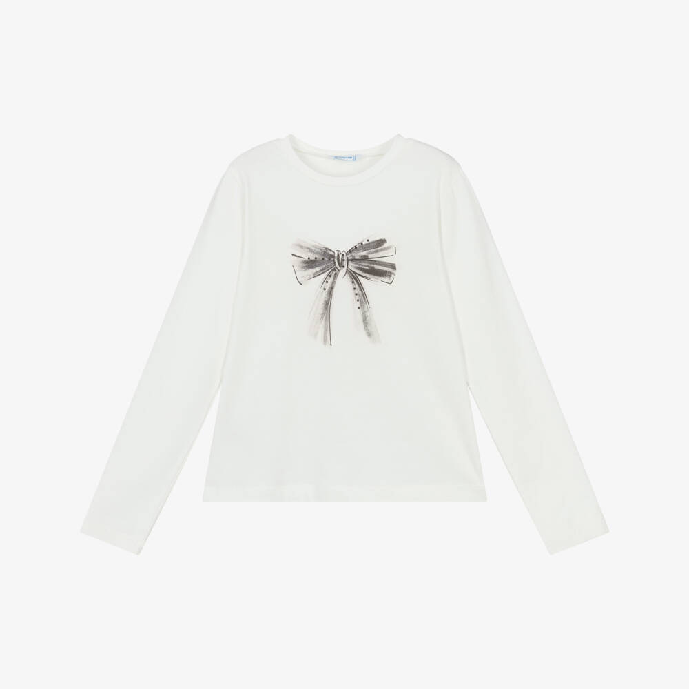 Mayoral-Girls Ivory Cotton Jersey Top with Black Bow Print | Childrensalon Outlet