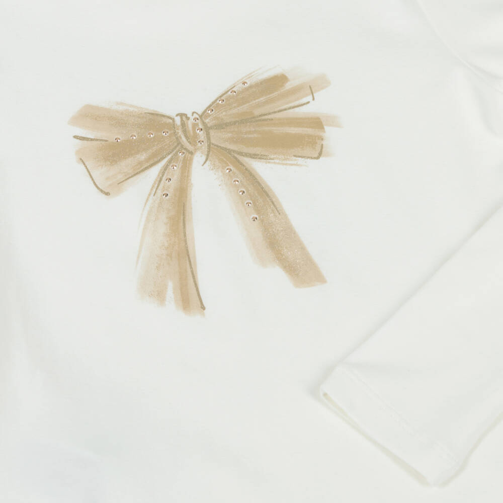 Mayoral-Girls Ivory Cotton Jersey Top with Gold Bow Print | Childrensalon Outlet