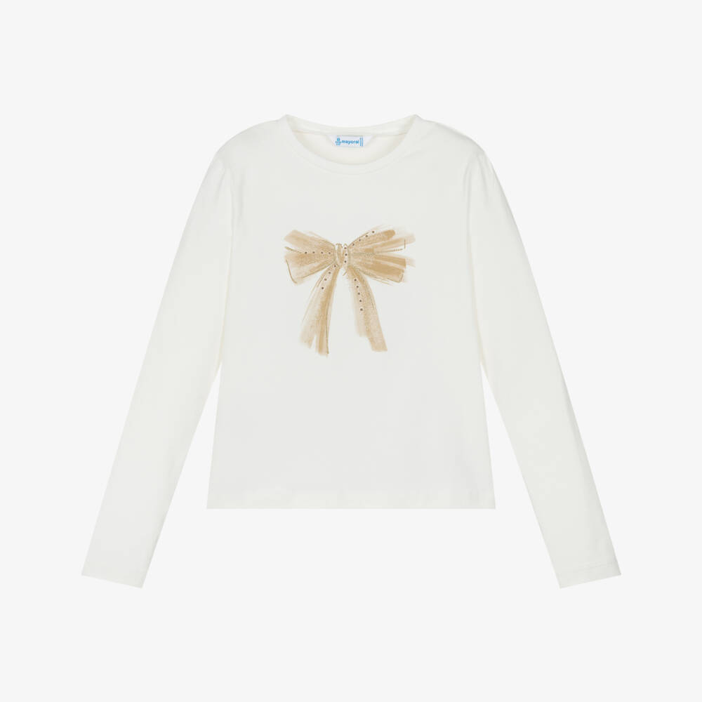 Mayoral-Girls Ivory Cotton Jersey Top with Gold Bow Print | Childrensalon Outlet