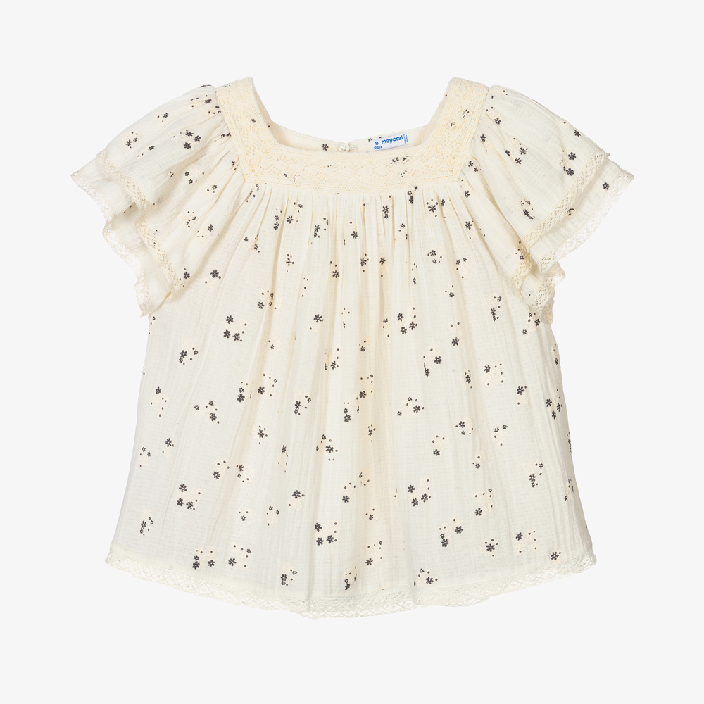 Mayoral - Кремовая хлопковая блузка с кружевом для девочек | Childrensalon
